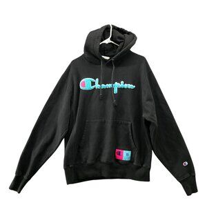 Champion Reverse Weave Hoodie Mens M Black Logo Pullover Pink Blue
